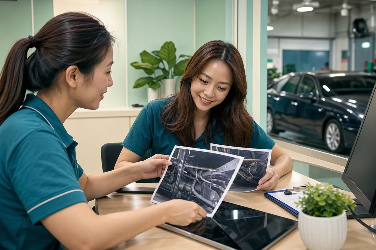Technician reviewing a hidden-zone inspection photo report with a vehicle owner at the workshop desk, 1200x800