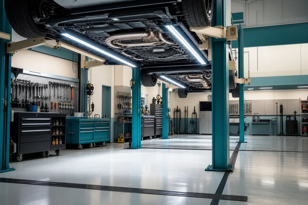 Interior of vermiculate automotive workshop showing lift bays with underbody lighting and inspection equipment, 1200x800