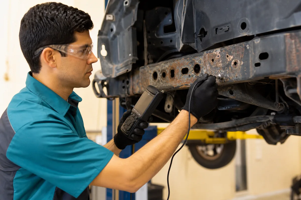 Technician performing ultrasonic thickness testing on a vehicle frame rail during structural corrosion assessment, 1200x800
