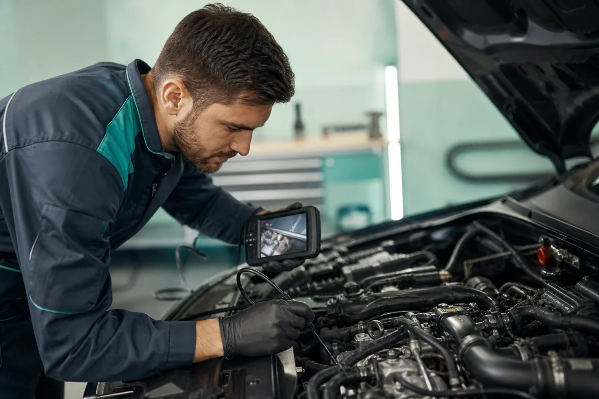 Technician using a borescope to inspect a concealed engine bay component during hidden zone inspection, 1200x800