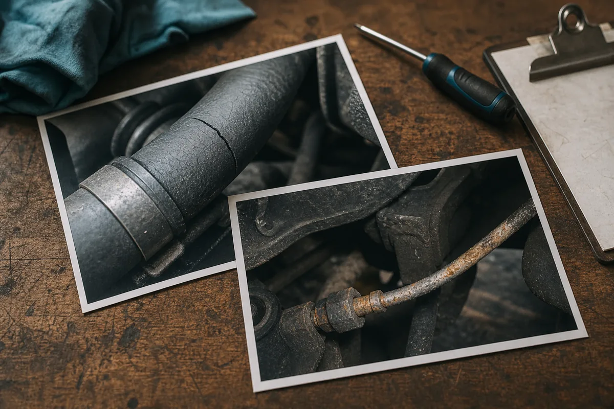 Automotive defect photo report showing annotated images of a concealed hose crack and brake line corrosion, 1200x800